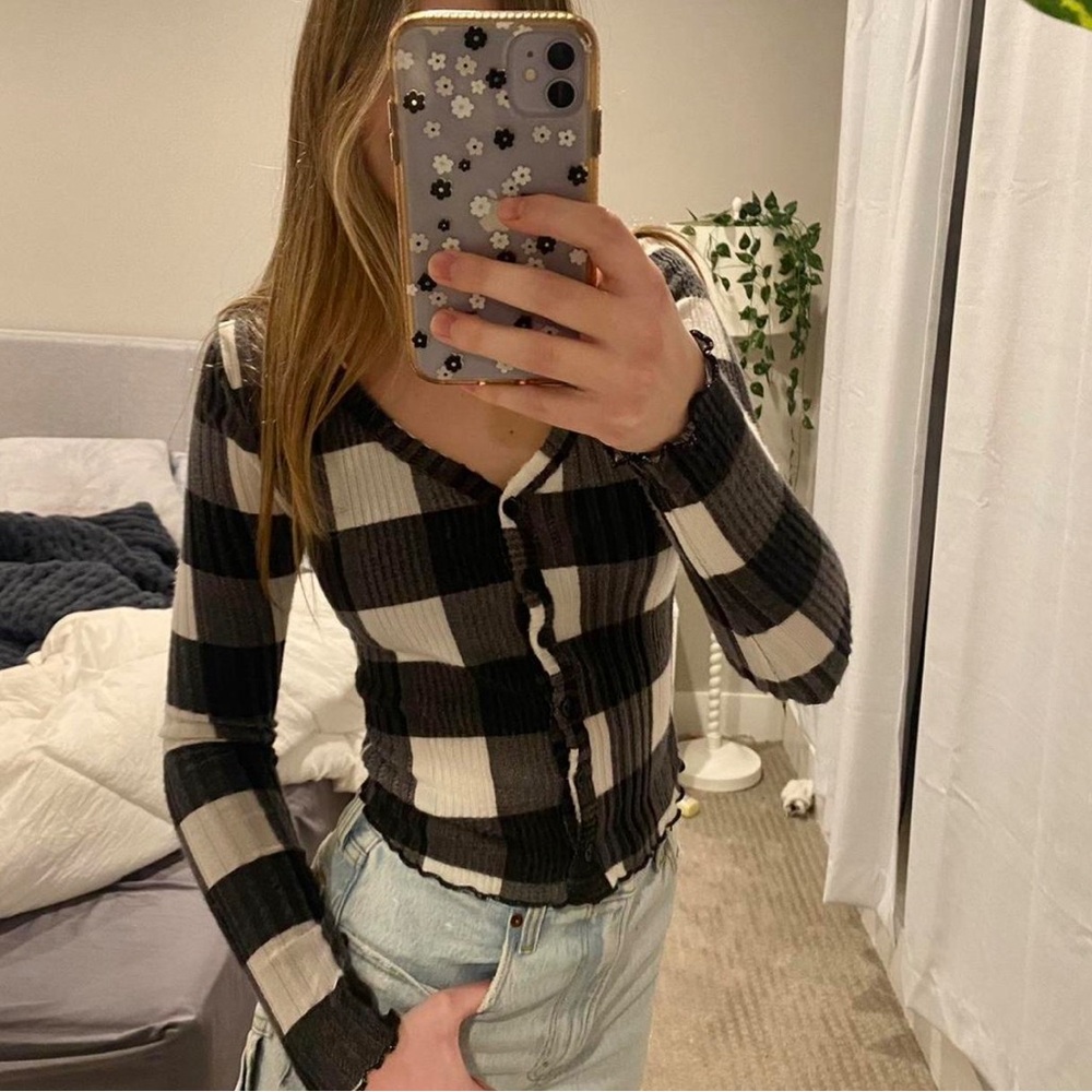 🌈🌻 RUE 21 Women’s Checkered Print Lg Sleeve StretchyTop SZ:S so comfy stretchy
